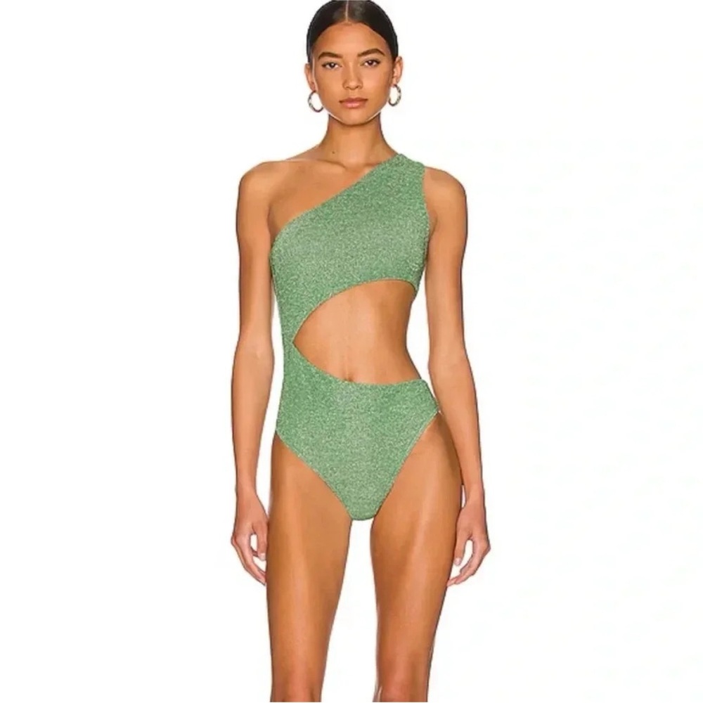 Beach Riot Celine One-Shoulder Cutout Swimsuit in Glitter Green XS